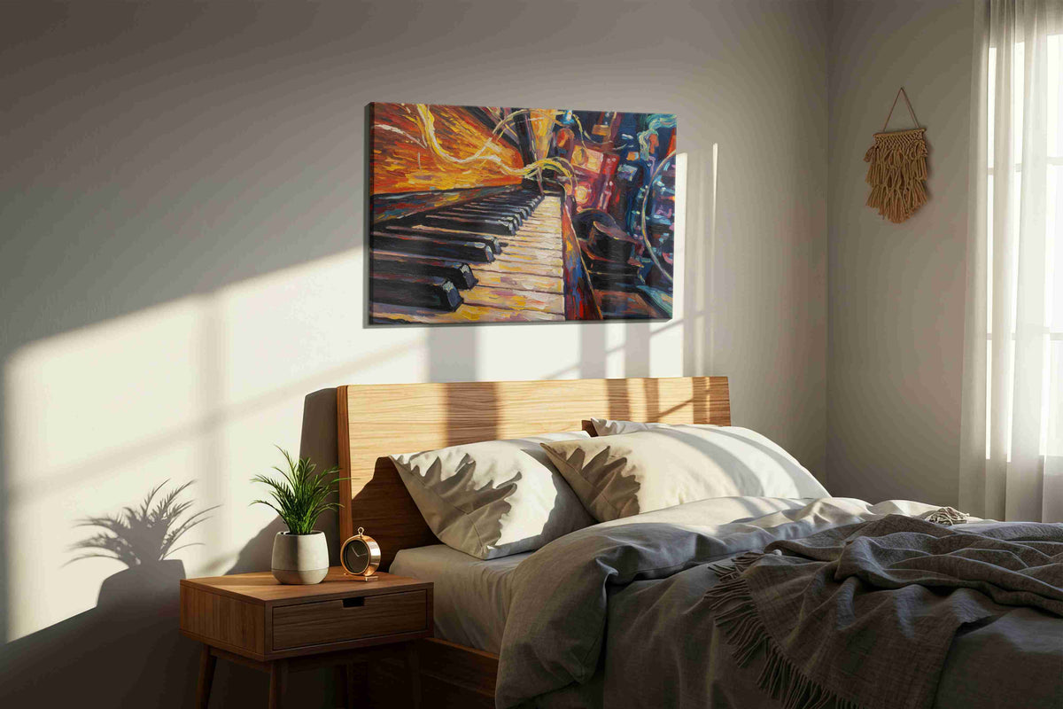 Symphony of Colors III music canvas print, displayed in a bedroom