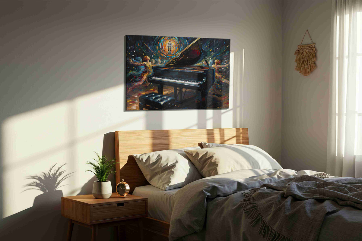 Symphony of Colors Unleashed music canvas print, displayed in a bedroom