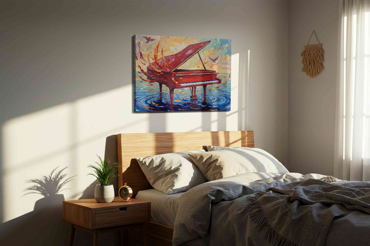 Symphony of Shimmering Waves music canvas print, displayed in a bedroom