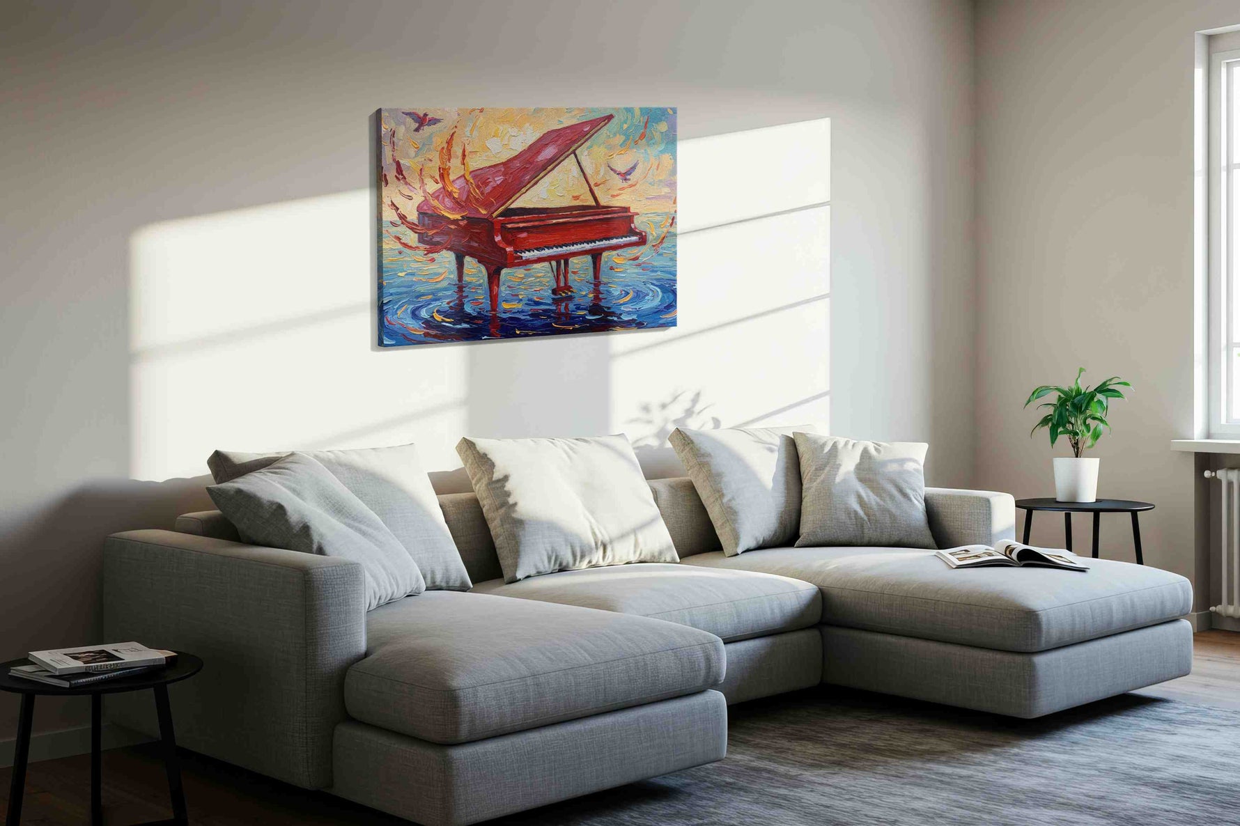 Symphony of Shimmering Waves music canvas print, displayed in a living room