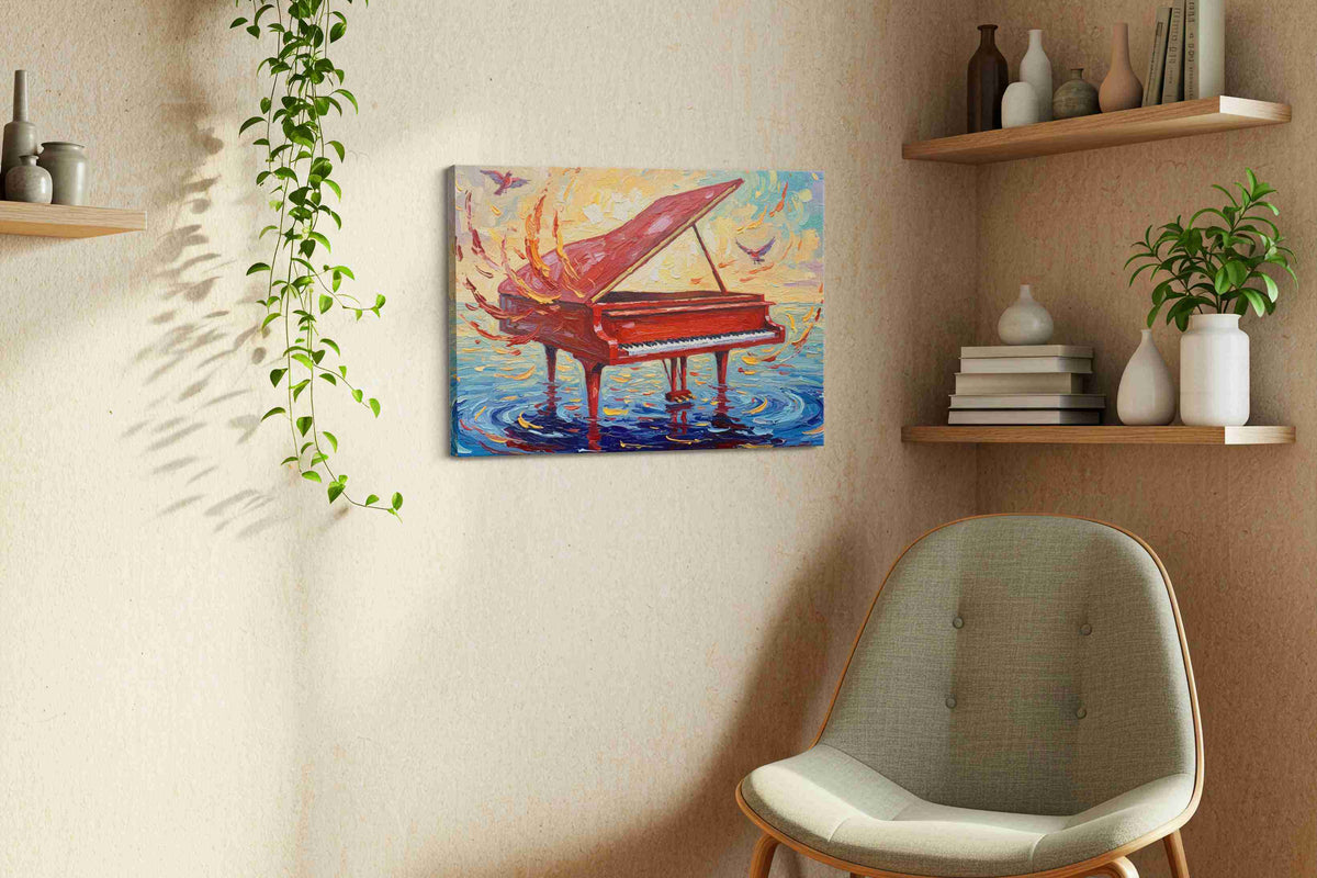 Symphony of Shimmering Waves music canvas print, hanging on wall