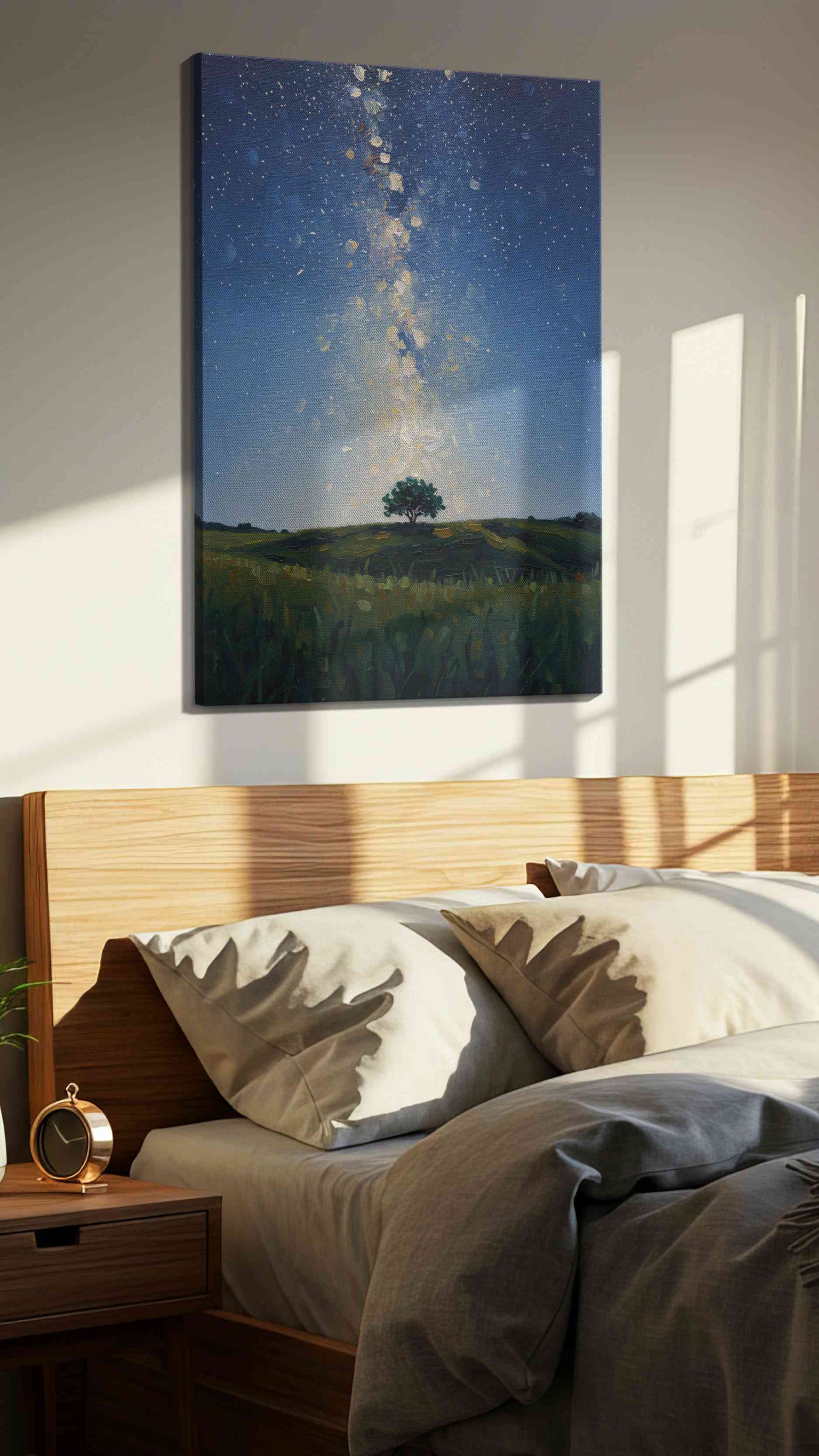 Celestial Solitude landscape canvas print, displayed in a bedroom