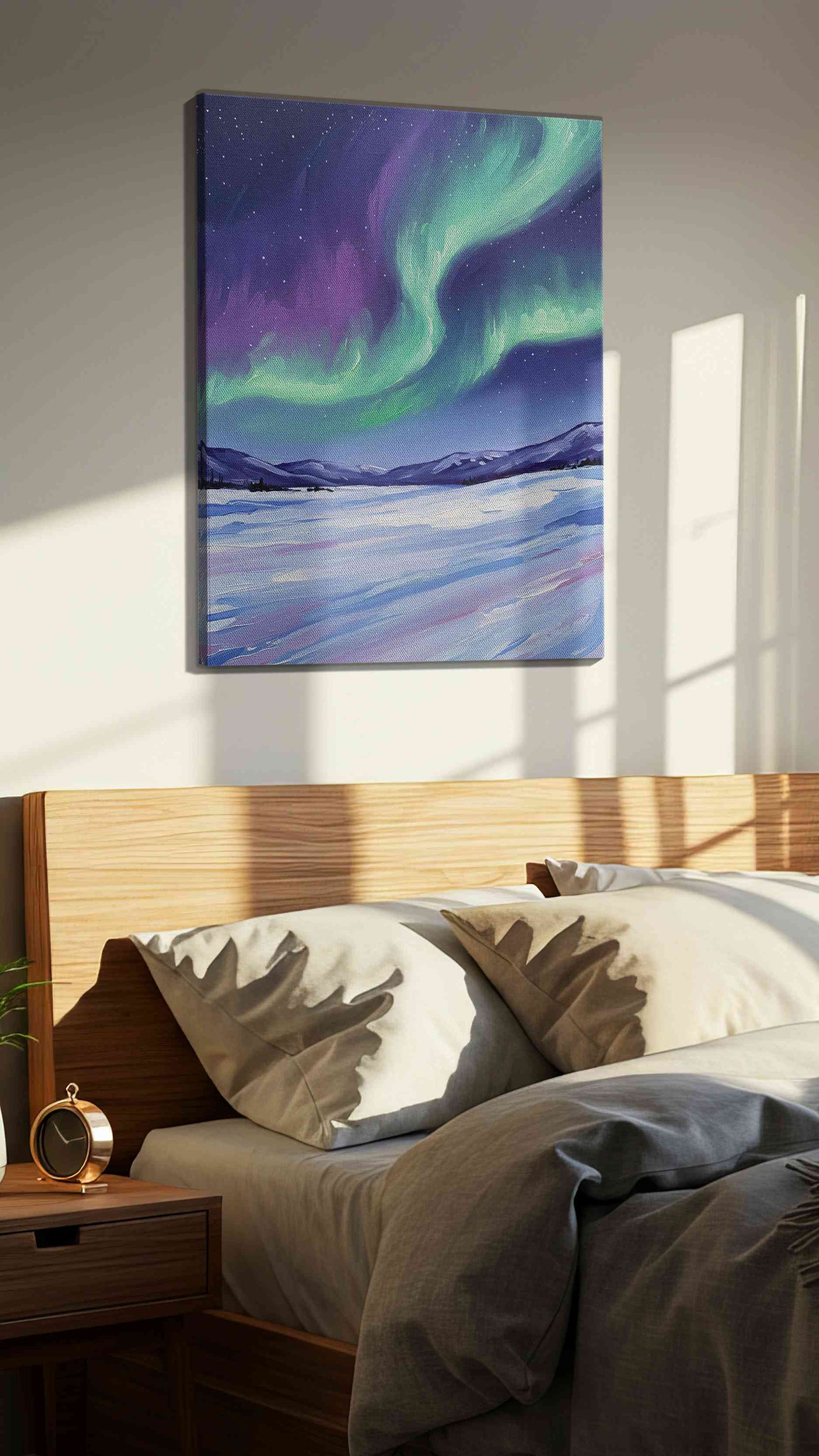 Celestial Symphony of Light landscape canvas print, displayed in a bedroom