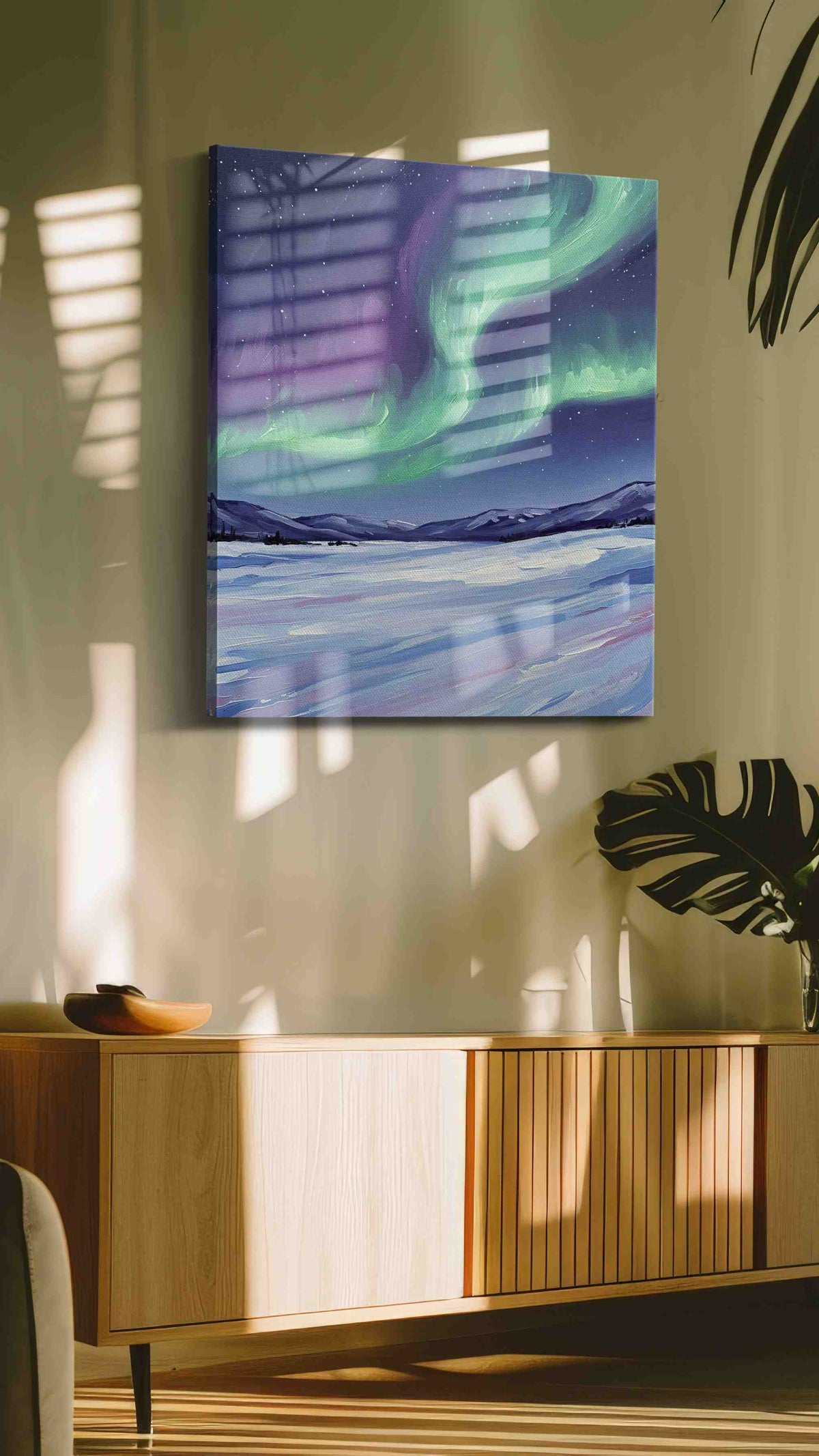 Celestial Symphony of Light landscape canvas print, hanging on wall — in a hung canvas mockup