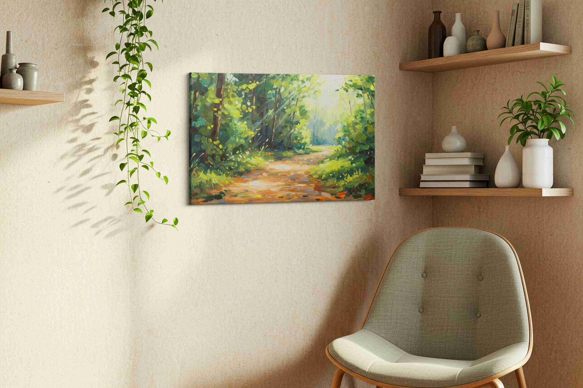 Dappled Light Pathway nature canvas print styled in a living room