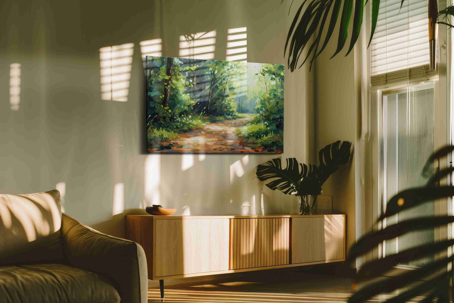 Dappled Light Pathway – nature canvas wall art, gallery-wrapped, ready to hang