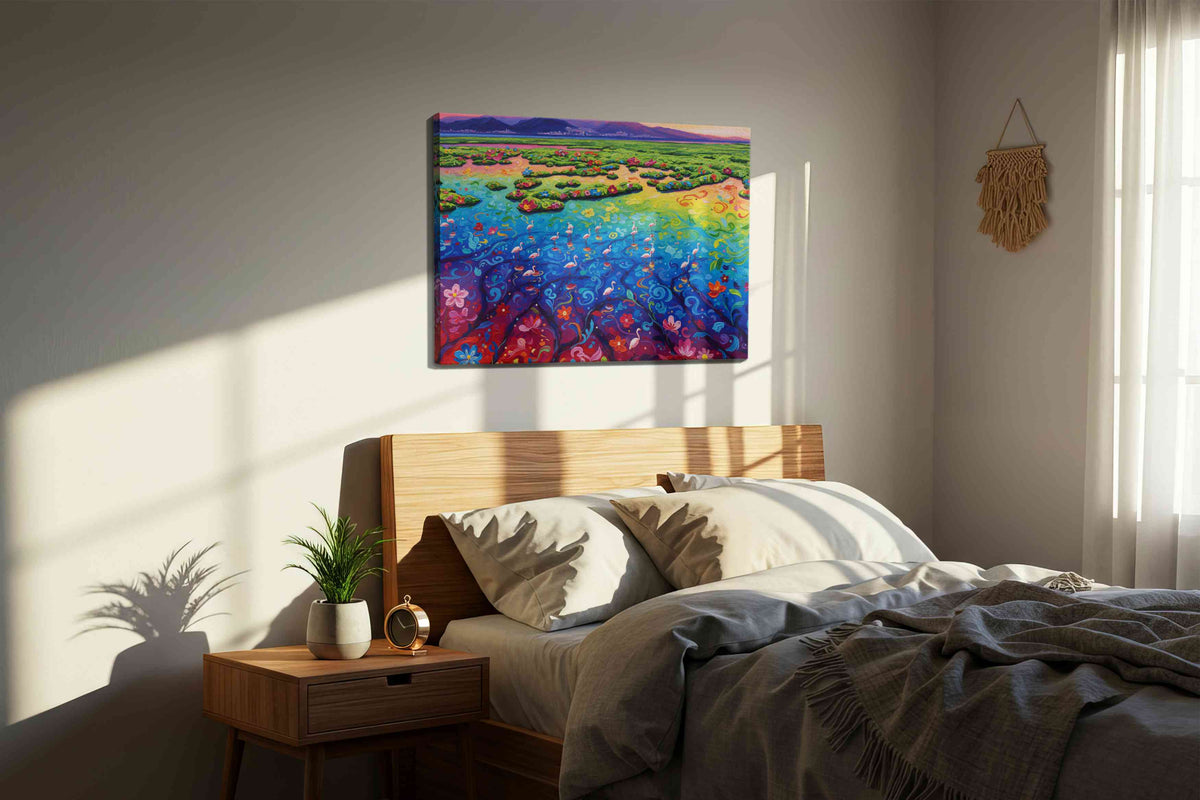 Elysian Bloomscape birds canvas print, displayed in a bedroom