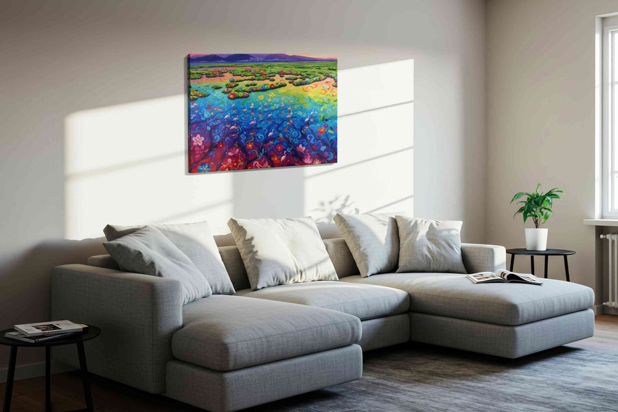 Elysian Bloomscape birds canvas print in a living room scene