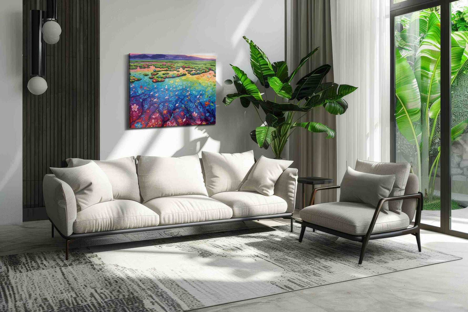 Elysian Bloomscape birds canvas print in a modern interior mockup