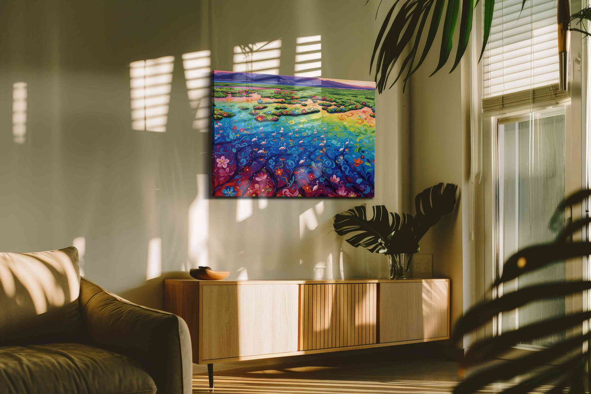 Elysian Bloomscape birds canvas print, on wall, lifestyle preview