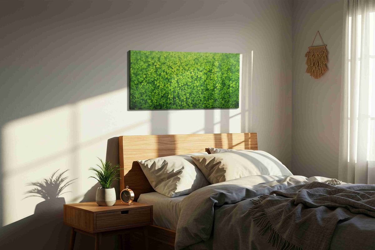 Emerald Canopy leaves canvas print, displayed in a bedroom