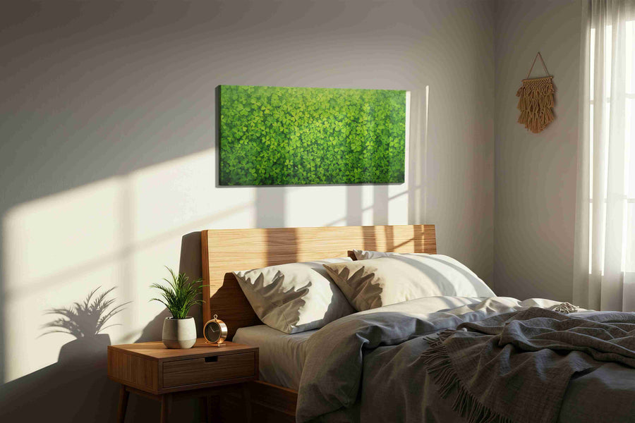 Emerald Canopy leaves canvas print, displayed in a bedroom