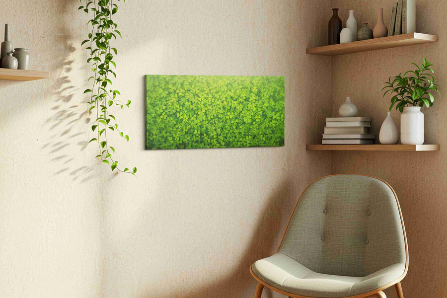 Emerald Canopy leaves canvas print, displayed in a living room