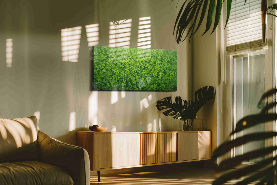 Emerald Canopy leaves canvas print, on wall, lifestyle preview