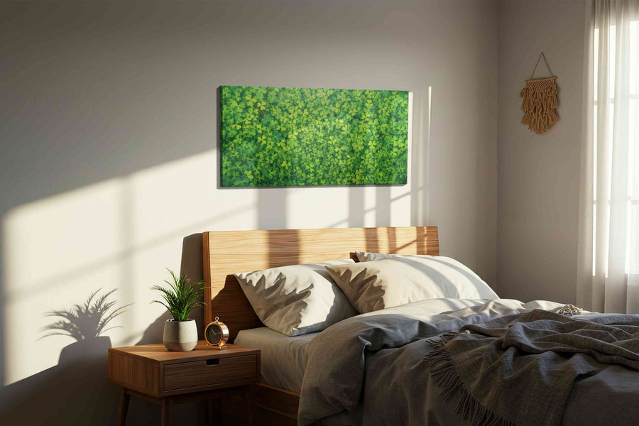 Emerald Clover Cascade leaves canvas print, displayed in a bedroom