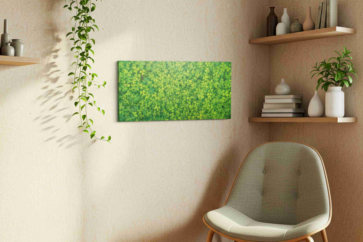 Emerald Clover Cascade leaves canvas print styled in a living room