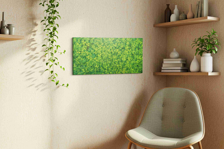 Emerald Clover Cascade leaves canvas print styled in a living room