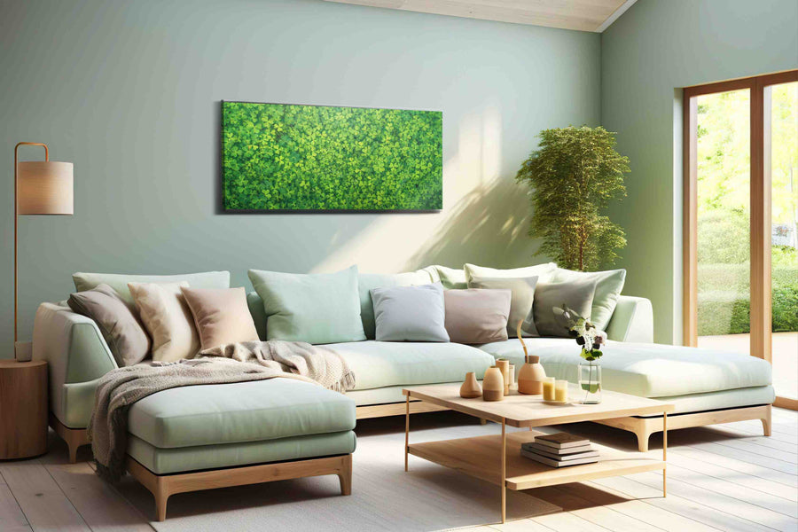 Emerald Clover Cascade leaves canvas print, hanging on wall