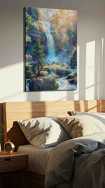 Enchanted Cascade Symphony landscape canvas print, displayed in a bedroom