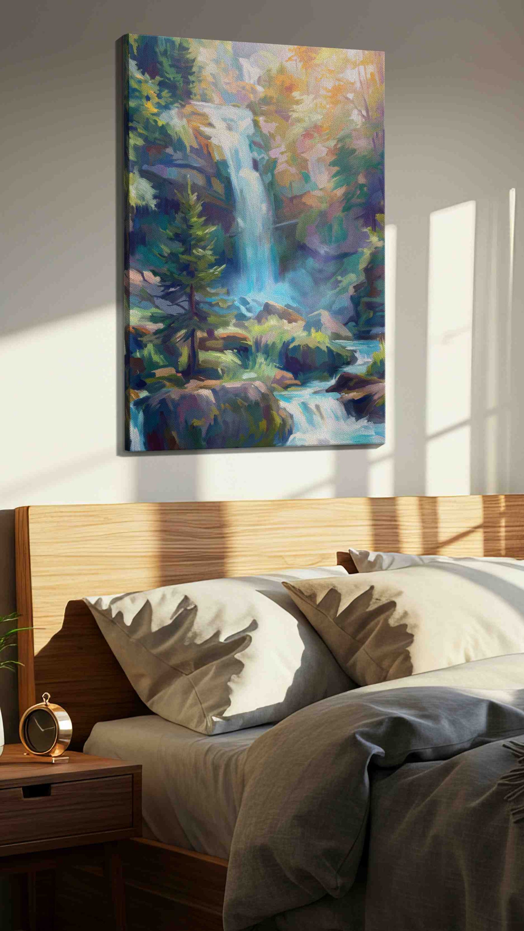 Enchanted Cascade Symphony landscape canvas print, displayed in a bedroom