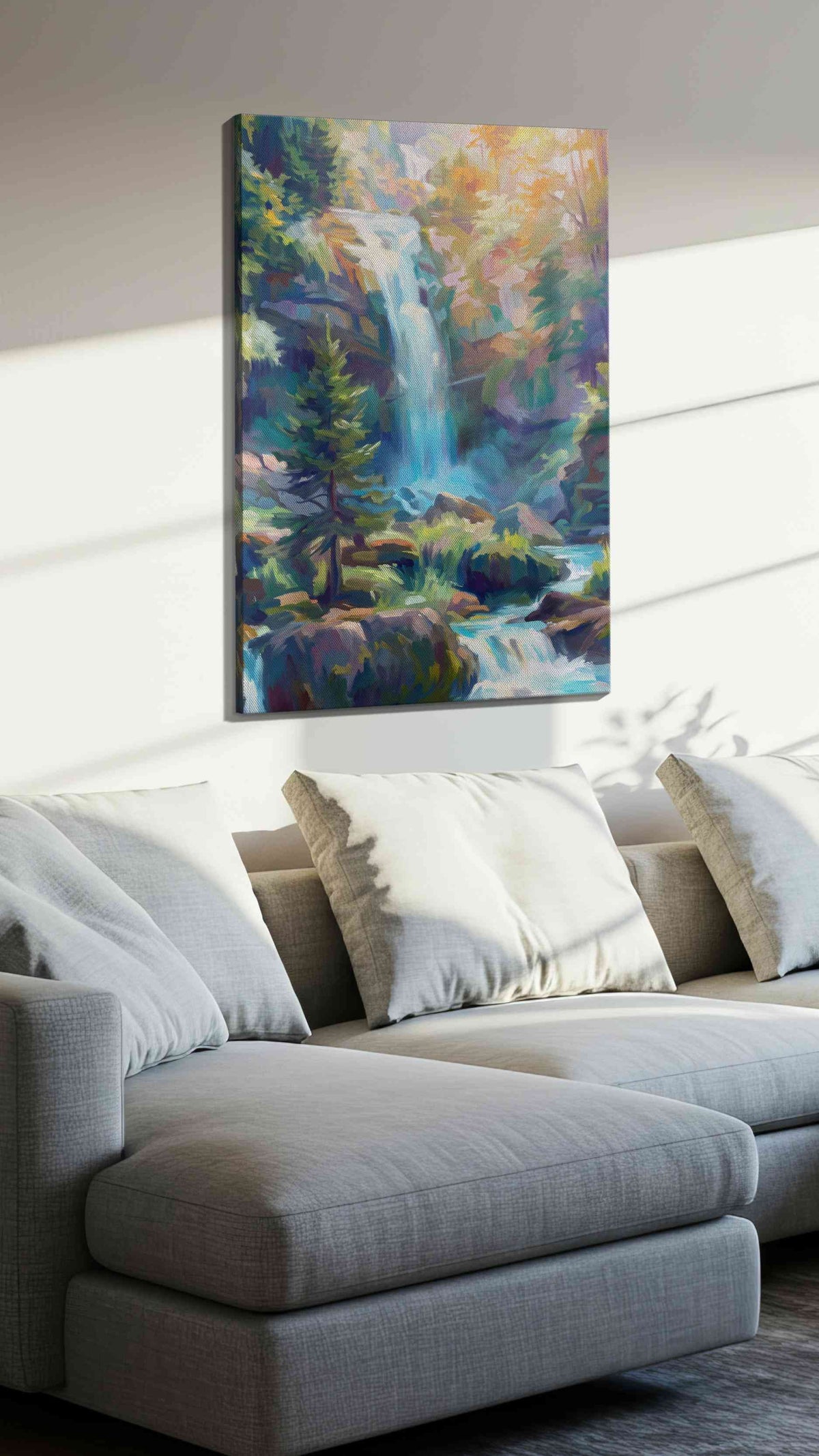 Enchanted Cascade Symphony landscape canvas print, displayed in a living room