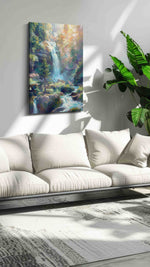 Enchanted Cascade Symphony landscape canvas print, on wall, lifestyle preview