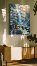 Enchanted Cascade Symphony landscape canvas print, hanging on wall