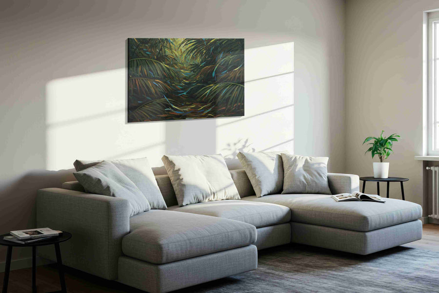 Enchanted Jungle Pathway nature canvas print in a living room scene