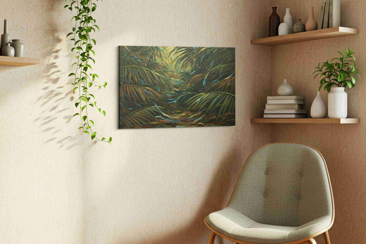 Enchanted Jungle Pathway nature canvas print, displayed in a living room