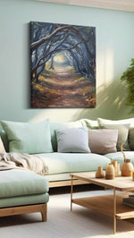 Enchanted Woodland Passage nature canvas print shown in a wall scene
