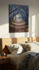 Enchanted Woodland Path nature canvas print, displayed in a bedroom