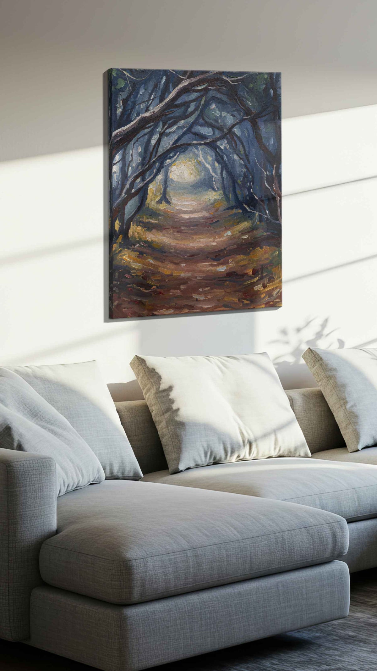Enchanted Woodland Path nature canvas print, displayed in a living room
