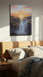 Ethereal Cascade at Dawn nature canvas print, displayed in a bedroom