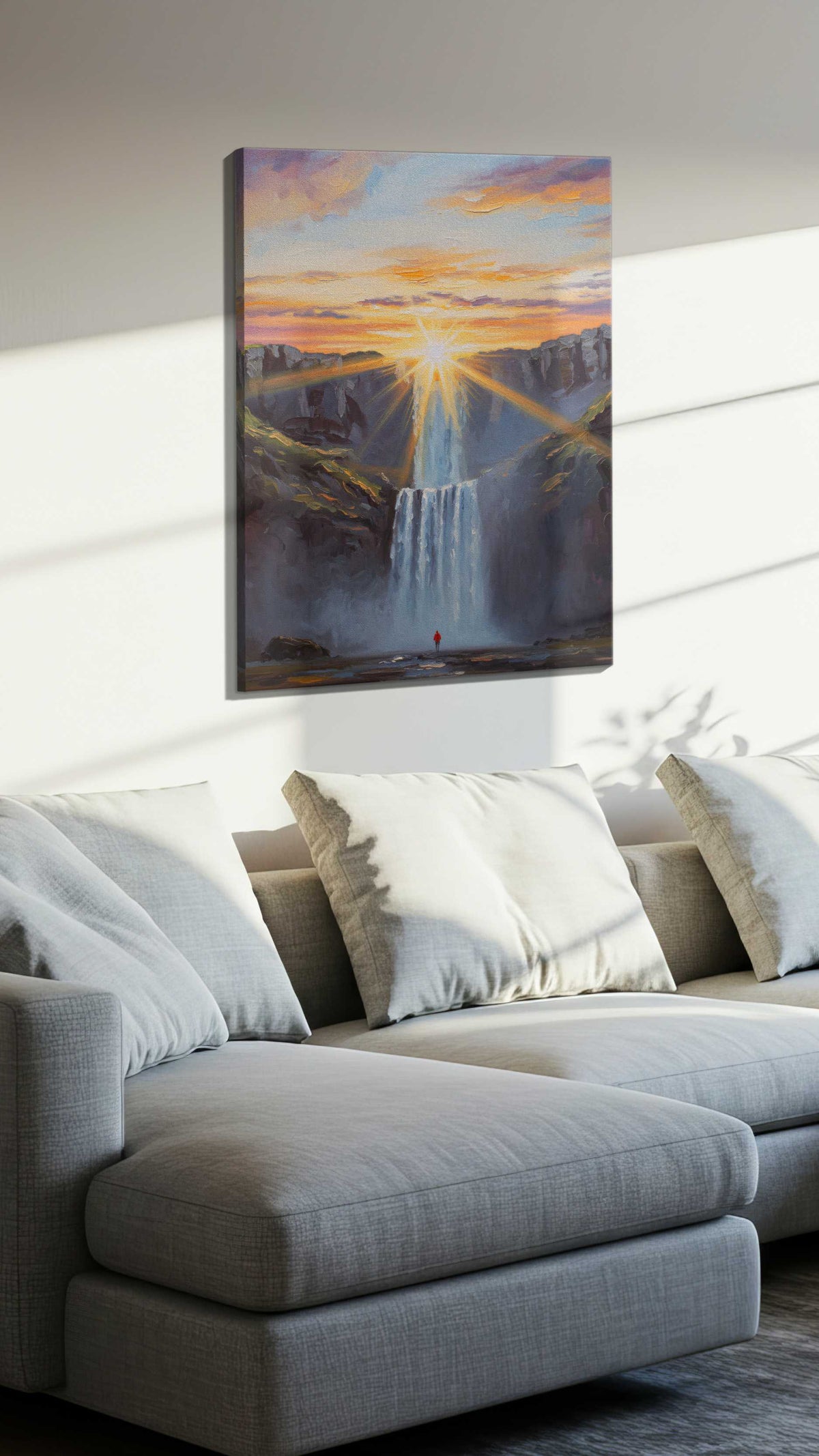 Ethereal Cascade at Dawn nature canvas print, displayed in a living room