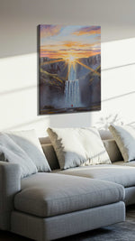 Ethereal Cascade at Dawn nature canvas print, displayed in a living room