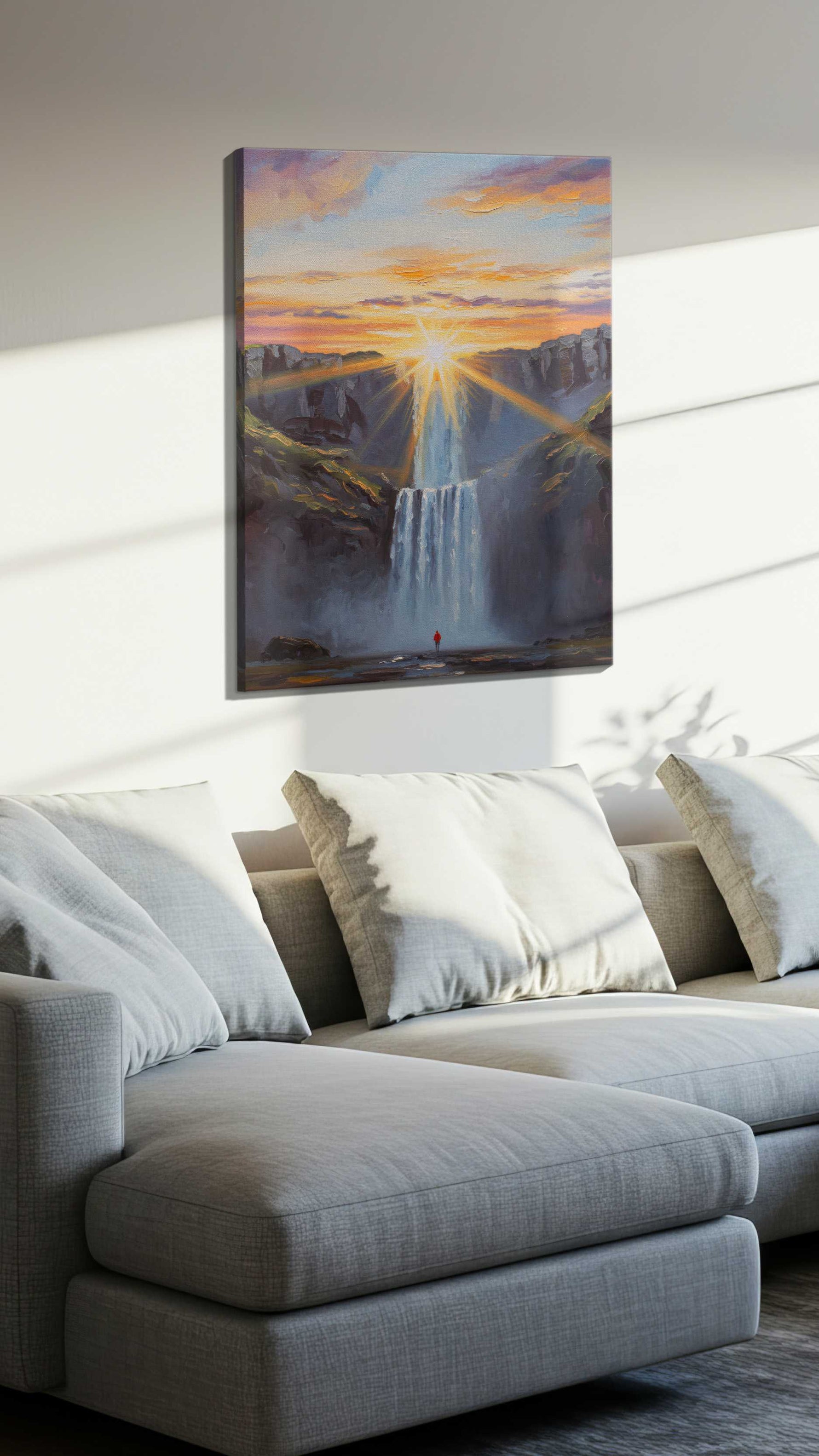 Ethereal Cascade at Dawn nature canvas print, displayed in a living room