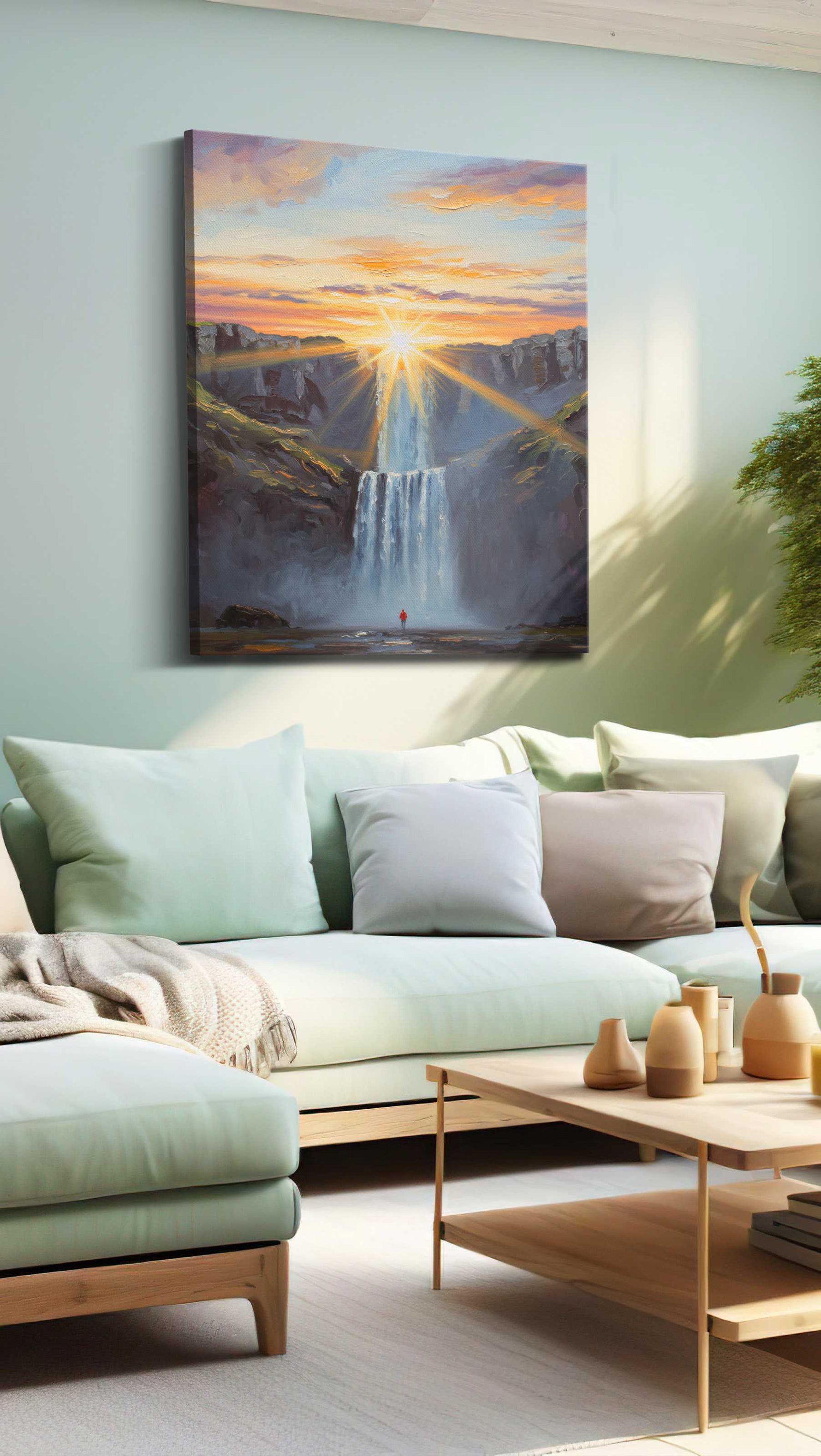 Ethereal Cascade at Dawn nature canvas print, hanging on wall