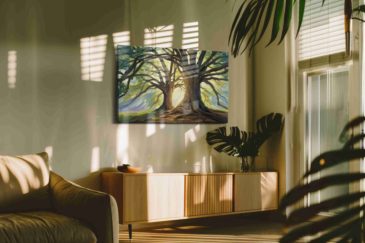 Ethereal Dawn Through The Trees nature canvas print, displayed in a living room