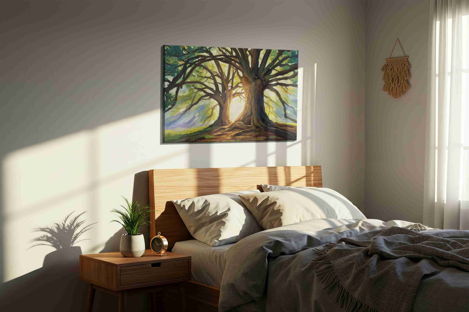 Ethereal Dawn Through The Trees nature canvas print, displayed in a bedroom