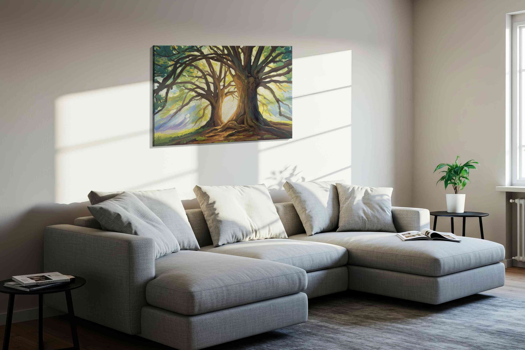 Ethereal Dawn Through The Trees nature canvas print styled in a living room