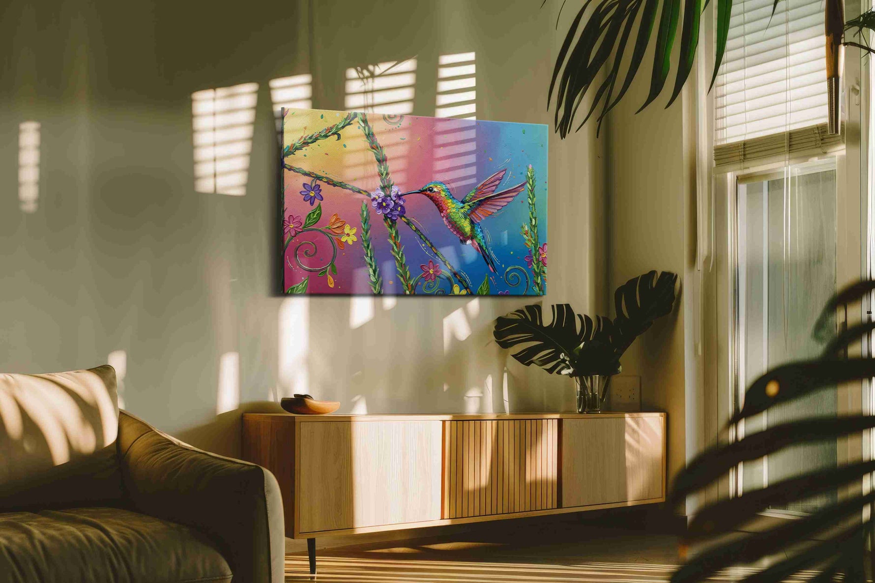 Ethereal Hummingbird Symphony birds canvas print in a hung canvas mockup