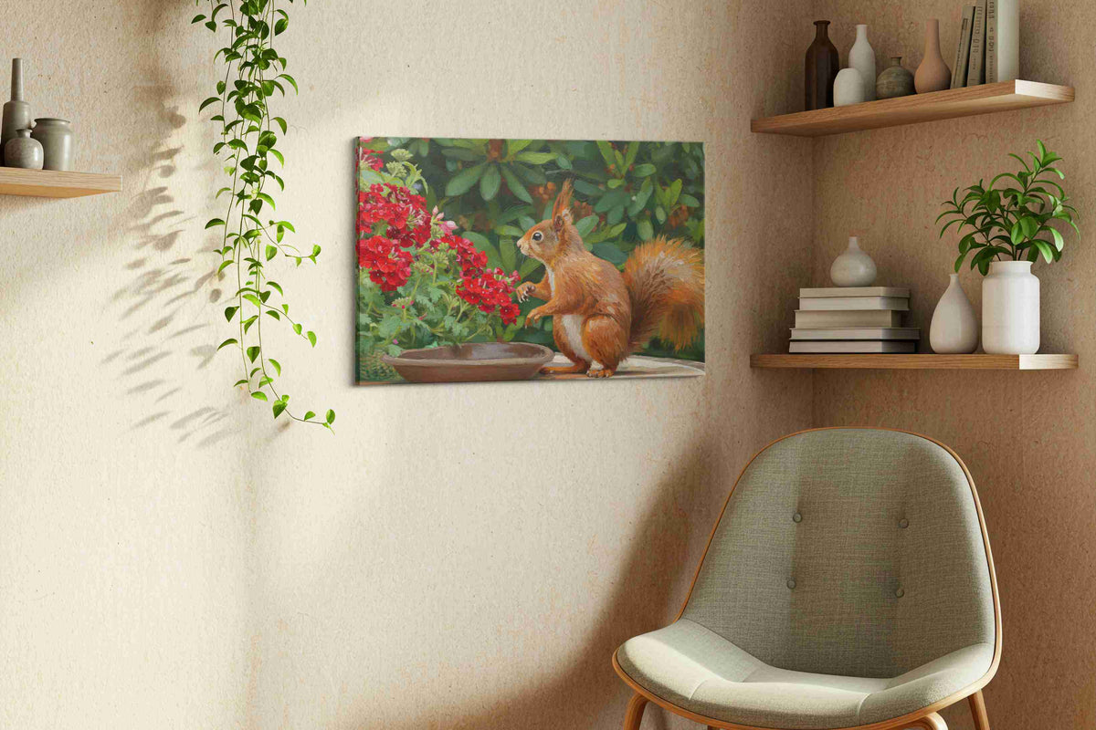 Garden Squirrel Symphony animals canvas print, displayed in a living room
