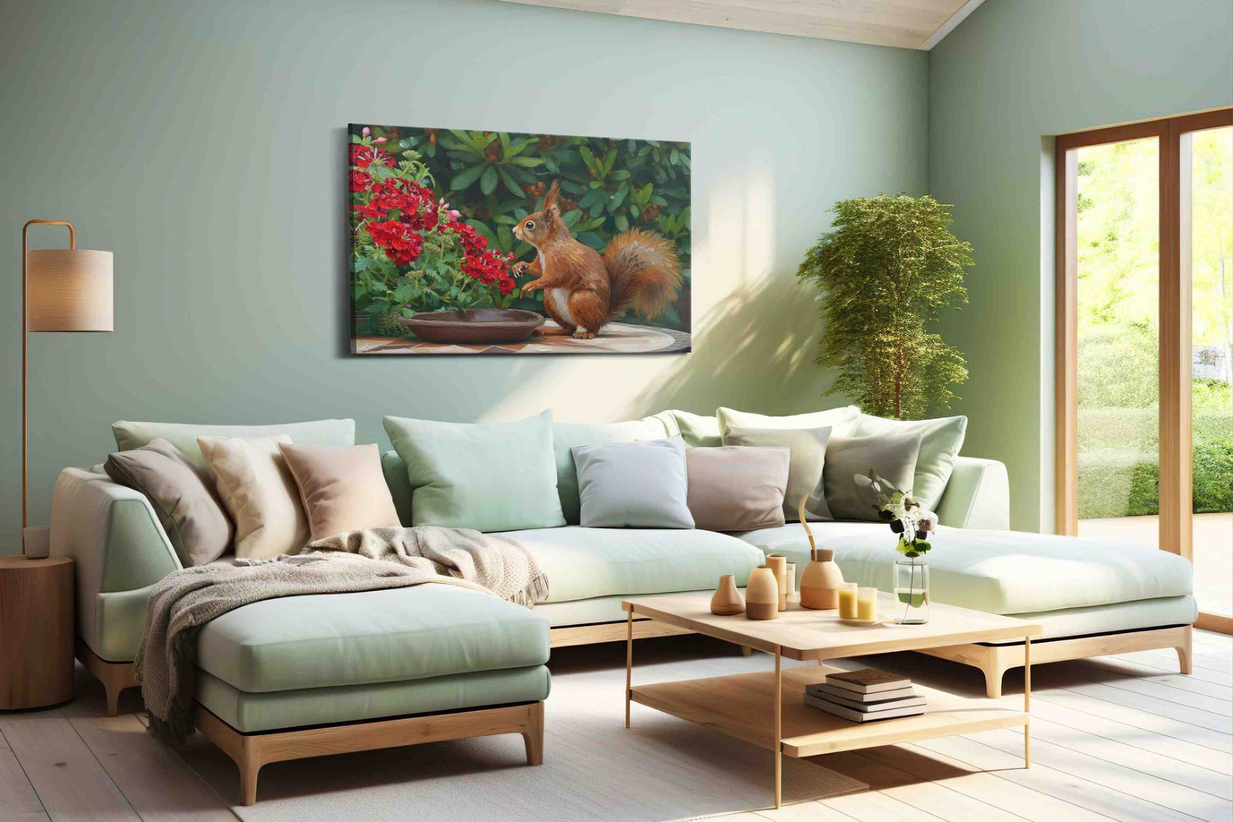 Garden Squirrel Symphony animals canvas print, hanging on wall
