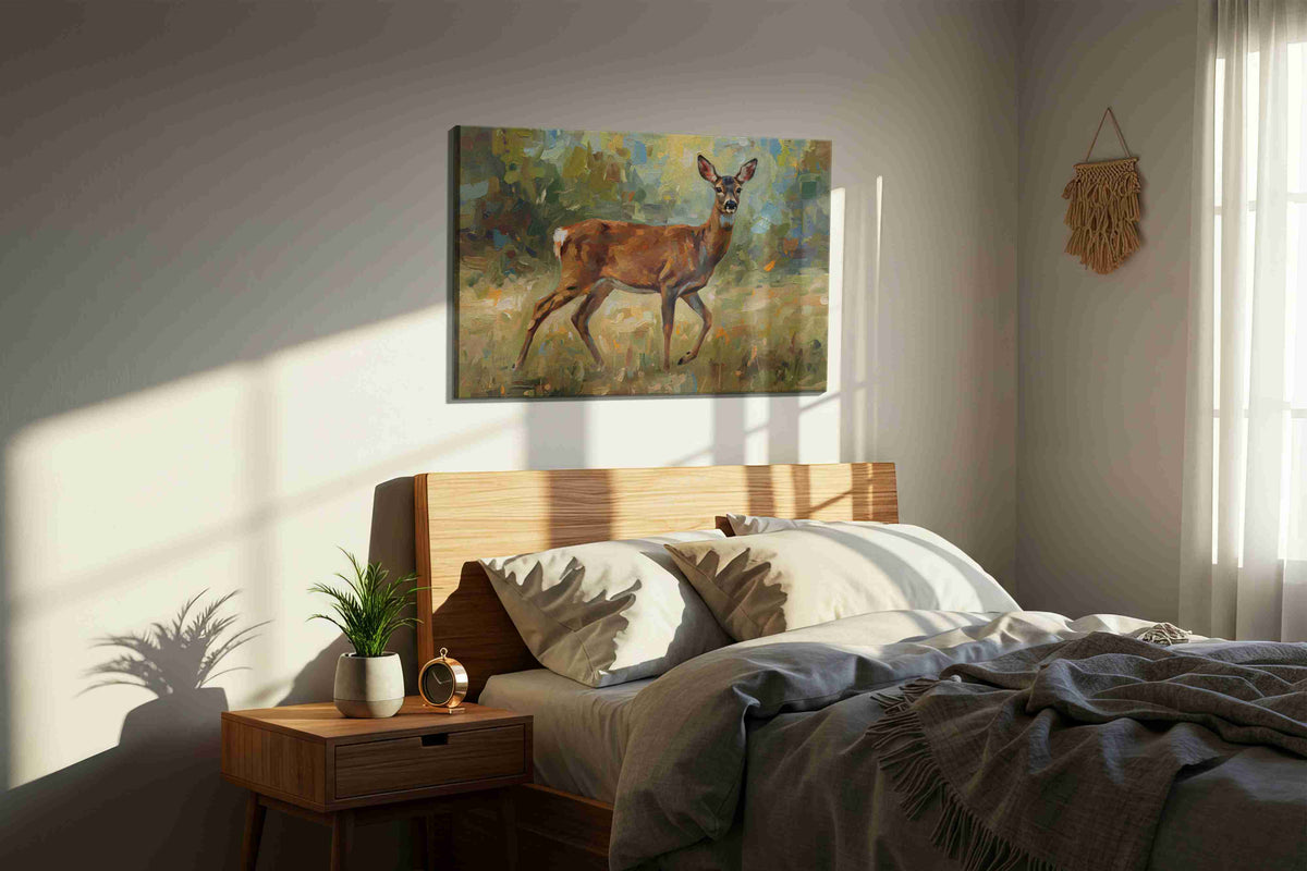 Graceful Woodland Stroll animals canvas print, displayed in a bedroom