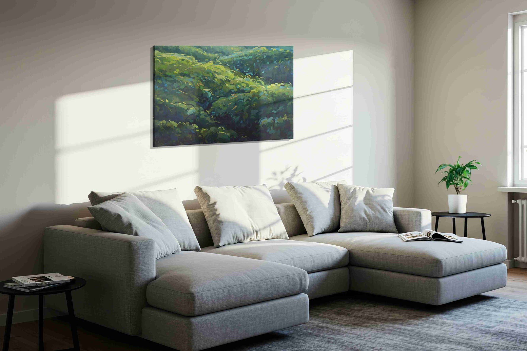 Luminous Verdant Waves nature canvas print in a living room scene