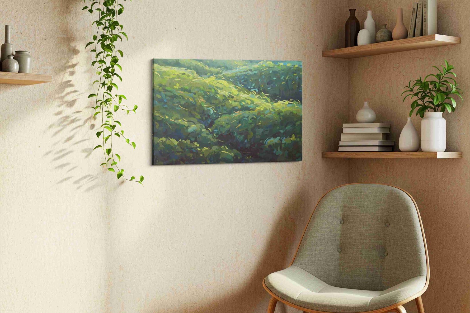 Luminous Verdant Waves nature canvas print, displayed in a living room