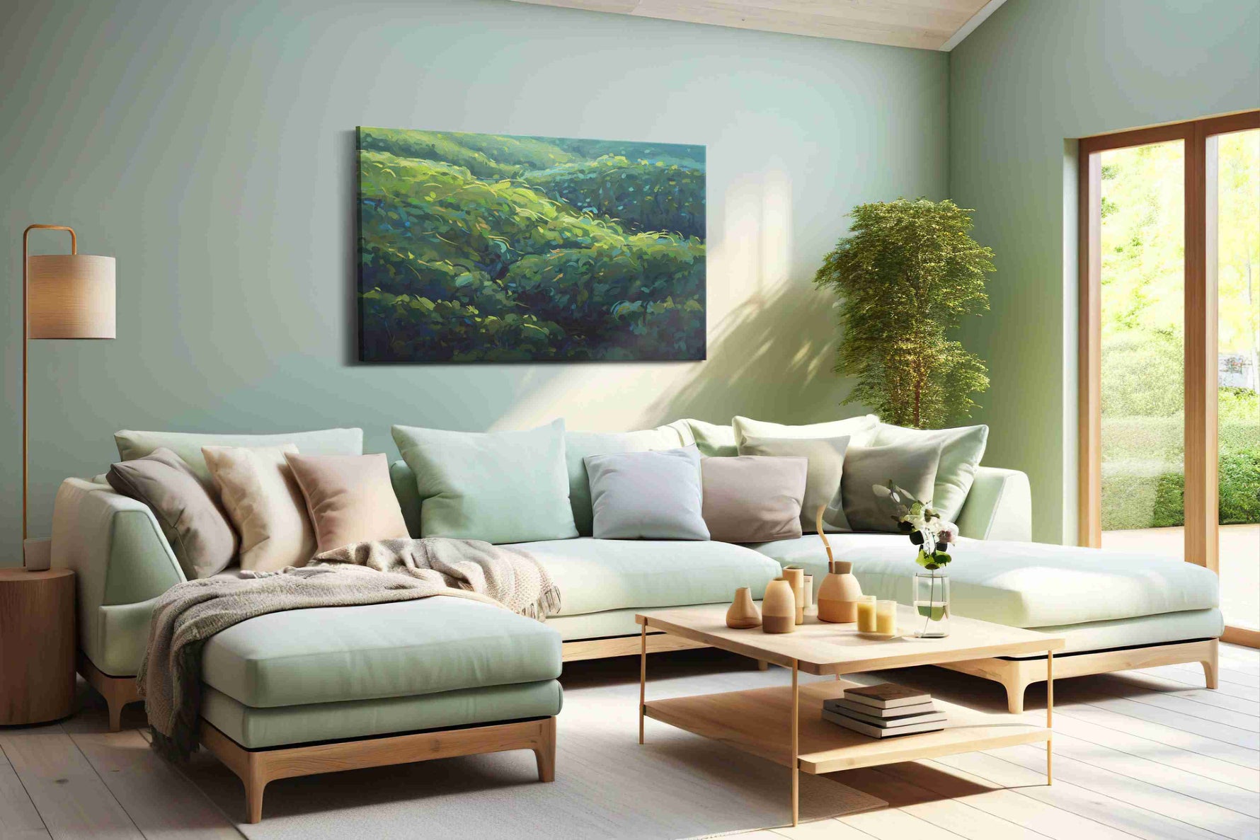 Luminous Verdant Waves nature canvas print, hanging on wall