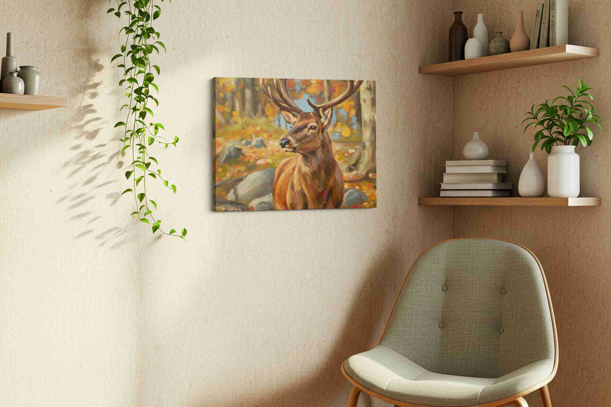 Majestic Autumn Stag animals canvas print in a living room scene