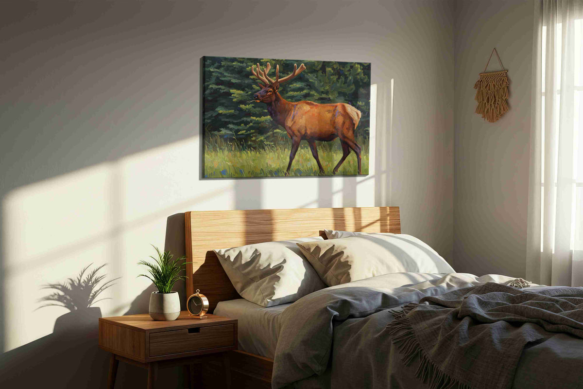Majestic Forest Wanderer animals canvas print, displayed in a bedroom