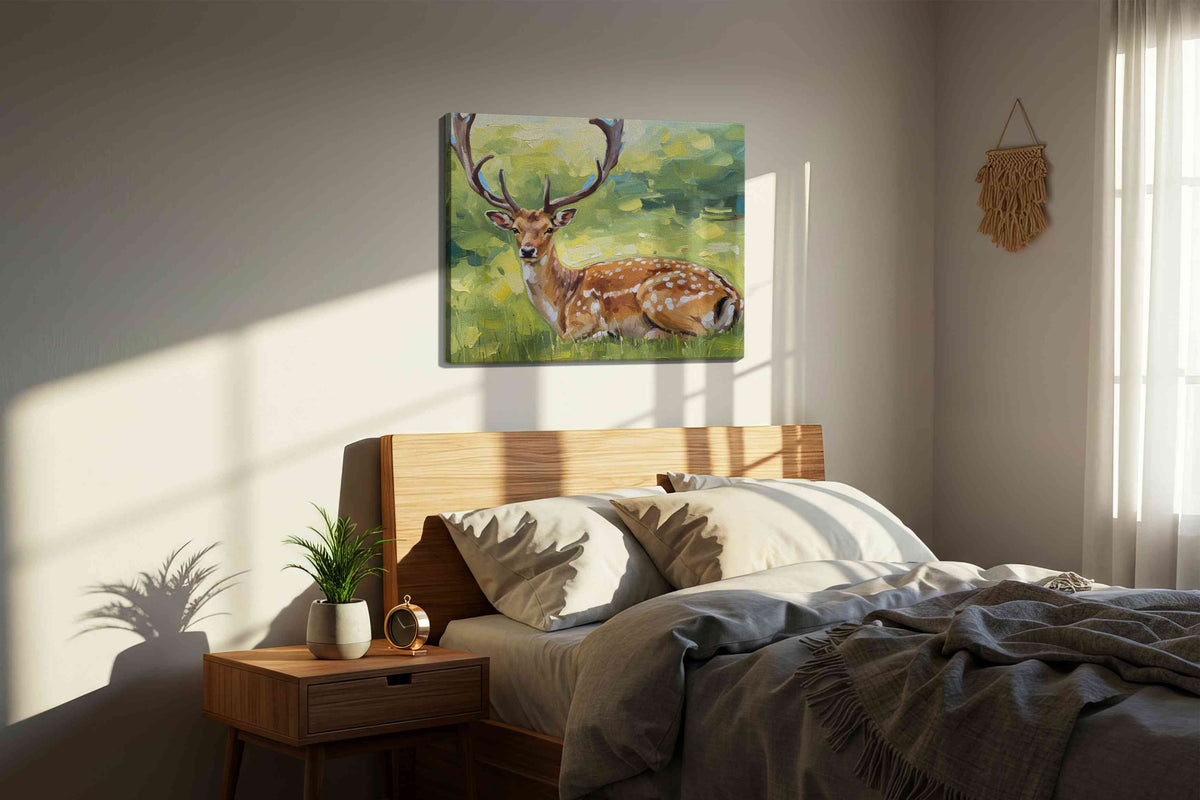 Majestic Meadow Guardian animals canvas print, displayed in a bedroom